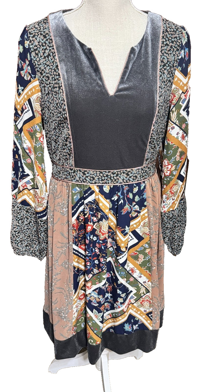 Mystree Dress Patchwork Velvet front Fall boho peasant gypsy festival sz M